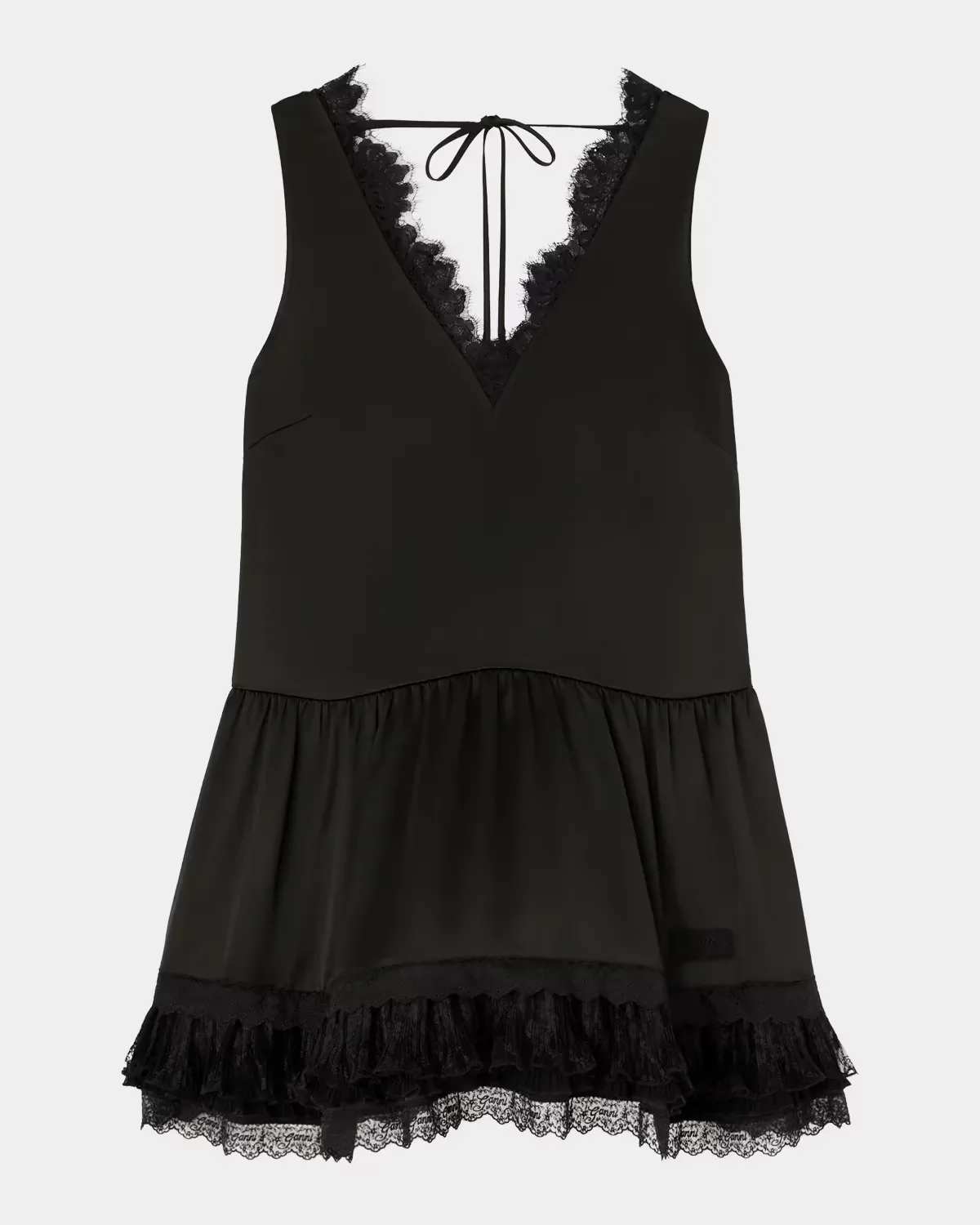 Fluid Satin V-Neck Lace Mini Dress by GANNI