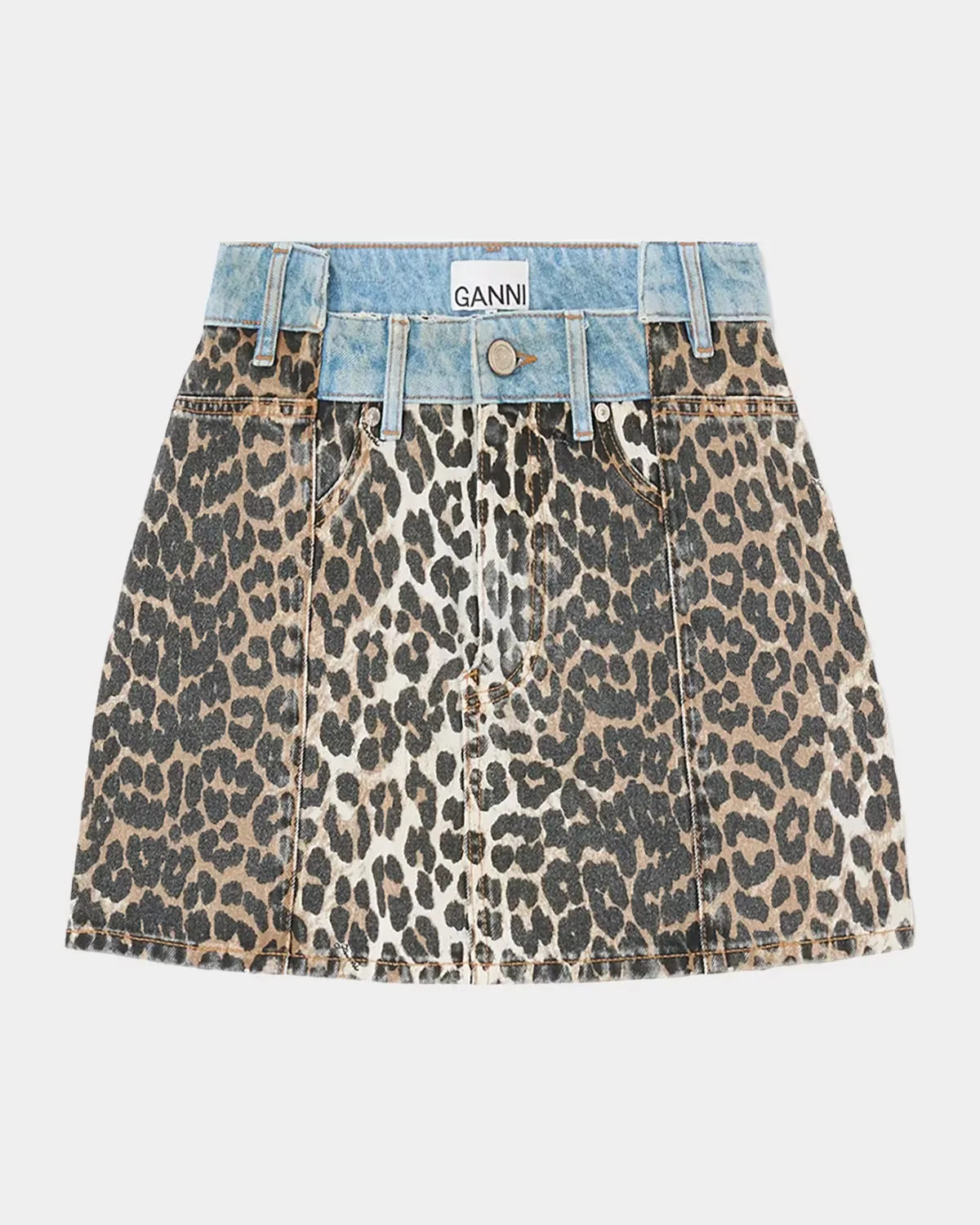 Printed Denim Fold Mini Skirt by GANNI