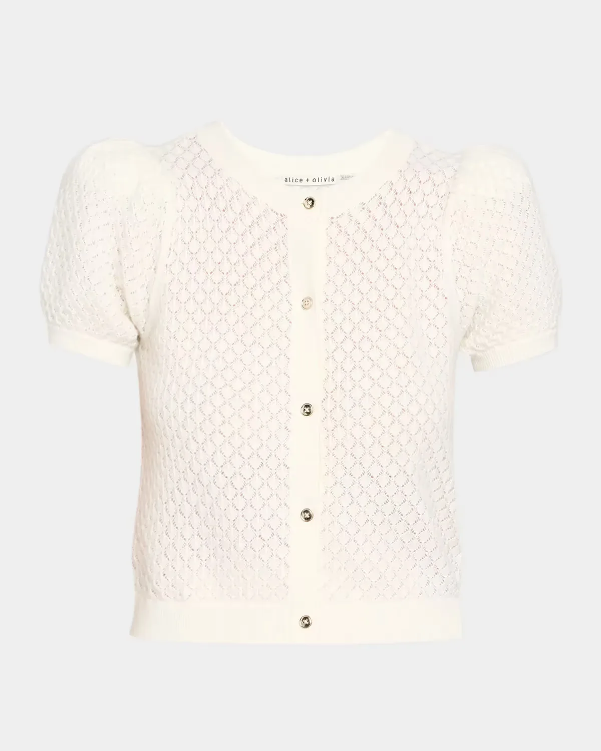 Sabine Puff-Sleeve Pointelle-Knit Crewneck Cardigan by Alice + Olivia