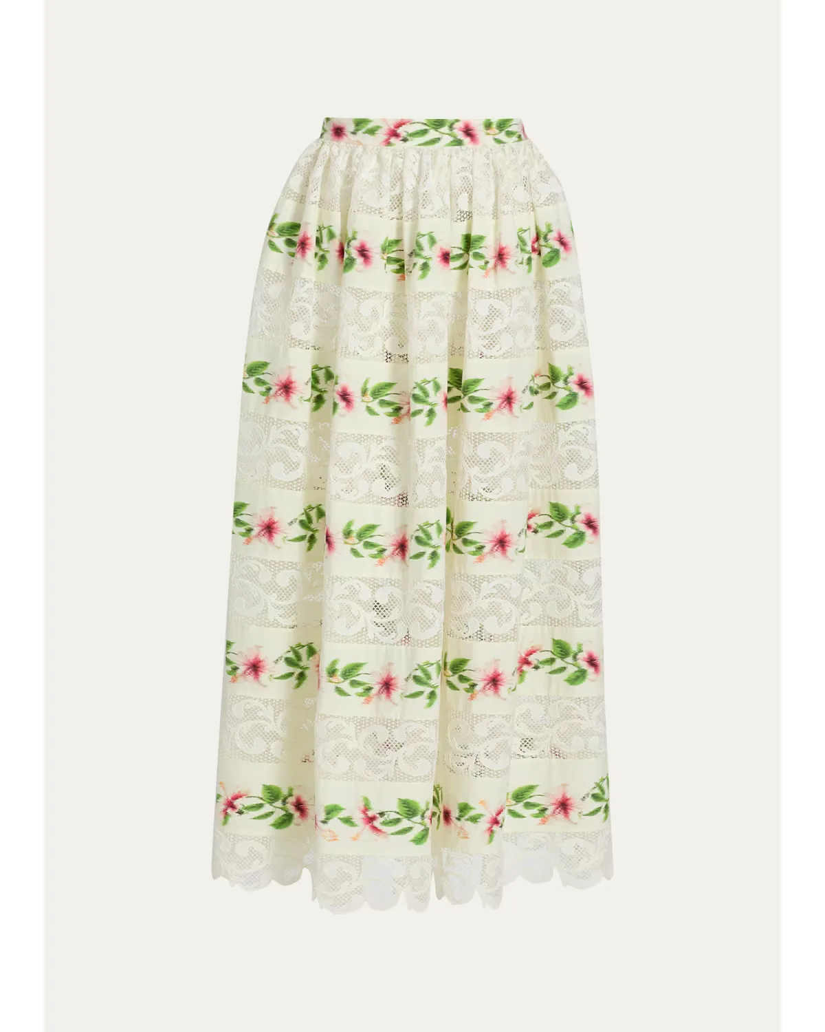 Chine Hibiscus Striped Lace-Inset Midi Skirt by Oscar de la Renta