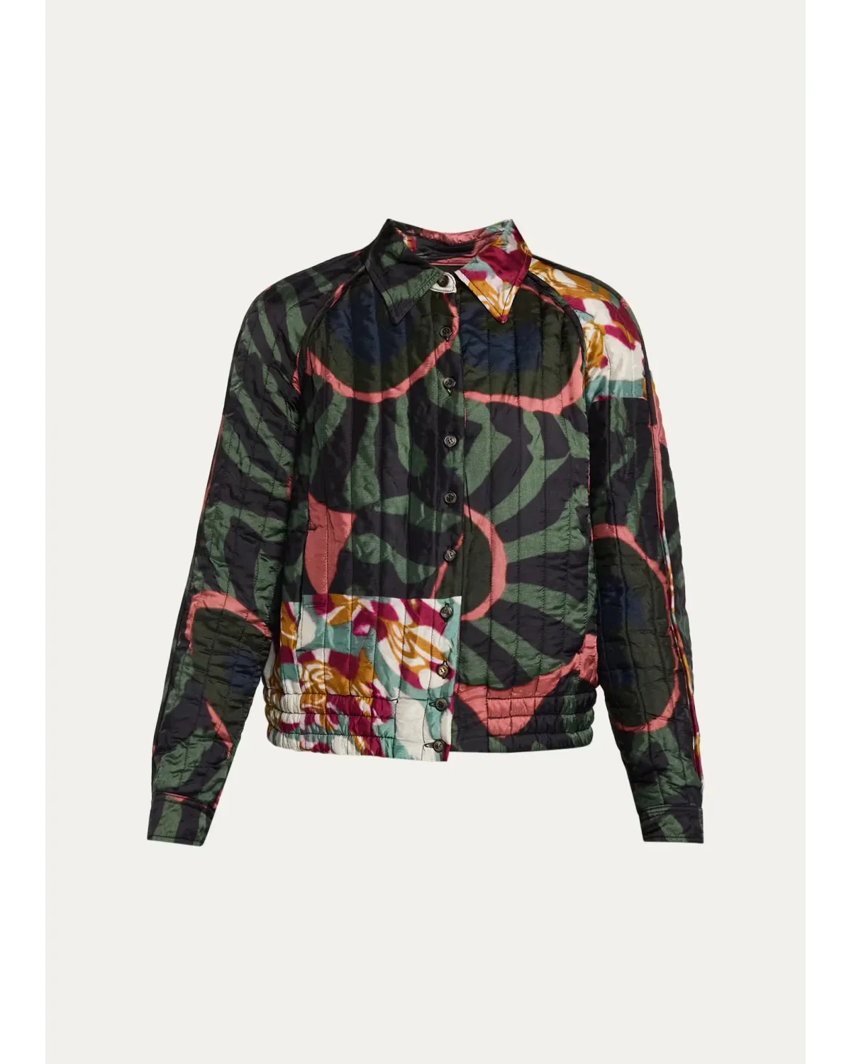 Valoria Patchwork-Print Quilted Satin Shirt Jacket by Dries Van Noten