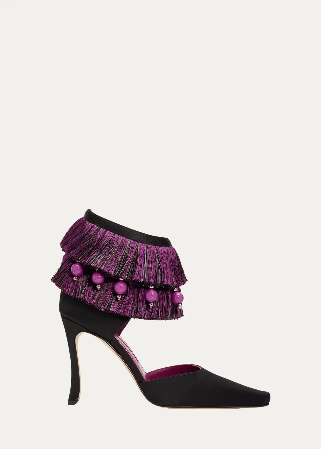105mm Sorolla Satin Fringe Ankle-Strap Pumps by Manolo Blahnik
