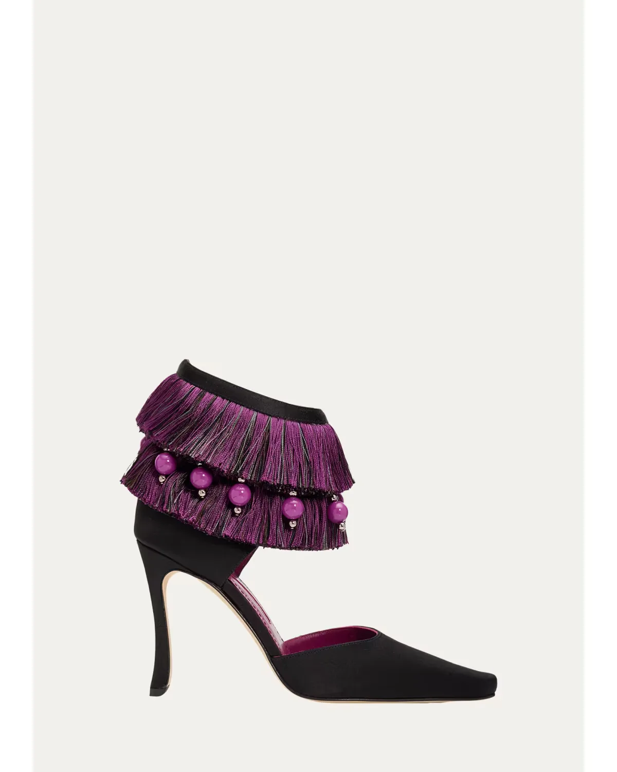 105mm Sorolla Satin Fringe Ankle-Strap Pumps by Manolo Blahnik