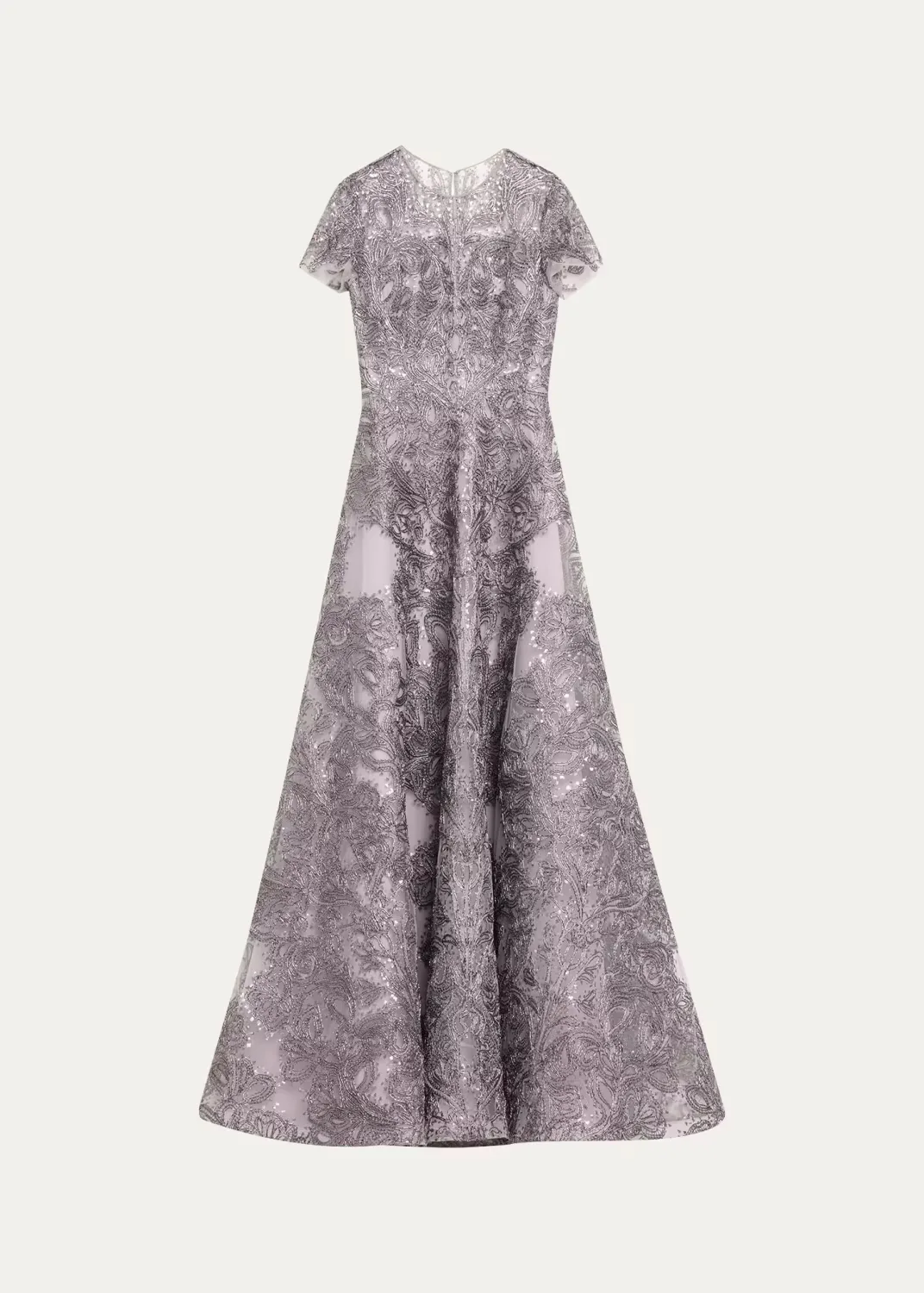 Short-Sleeve Metallic Raffia Embroidered Gown