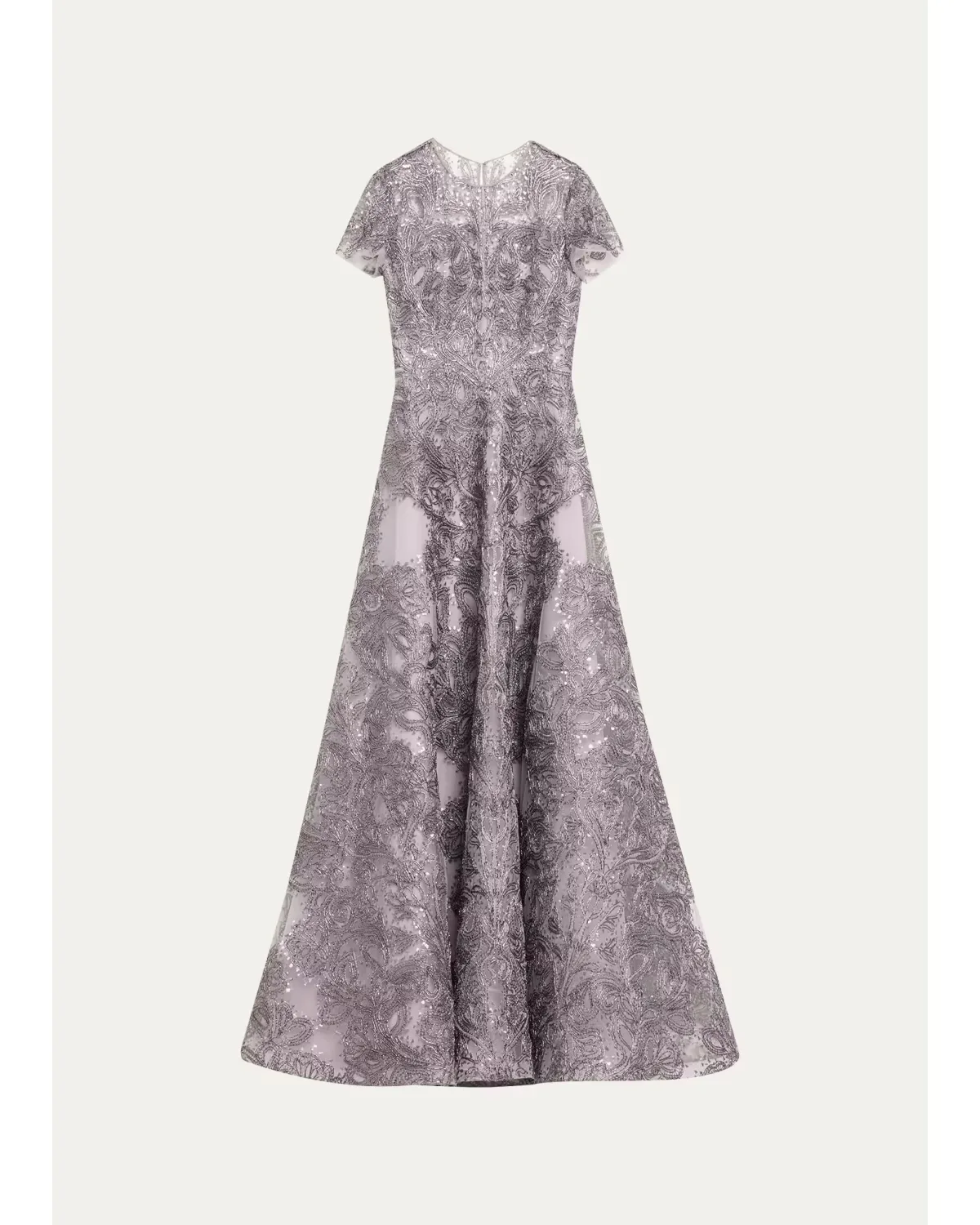 Short-Sleeve Metallic Raffia Embroidered Gown by Naeem Khan