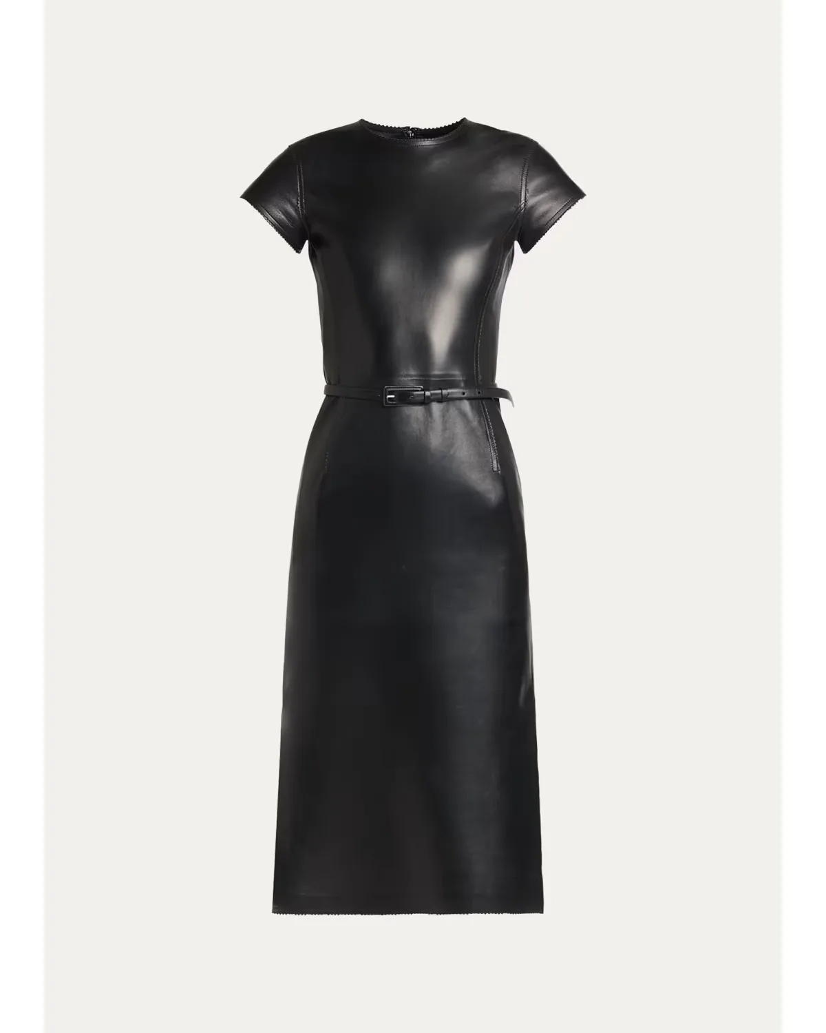 Short-Sleeve Silky Guanteria Lambskin Leather Asymmetric Midi Dress by Tom Ford