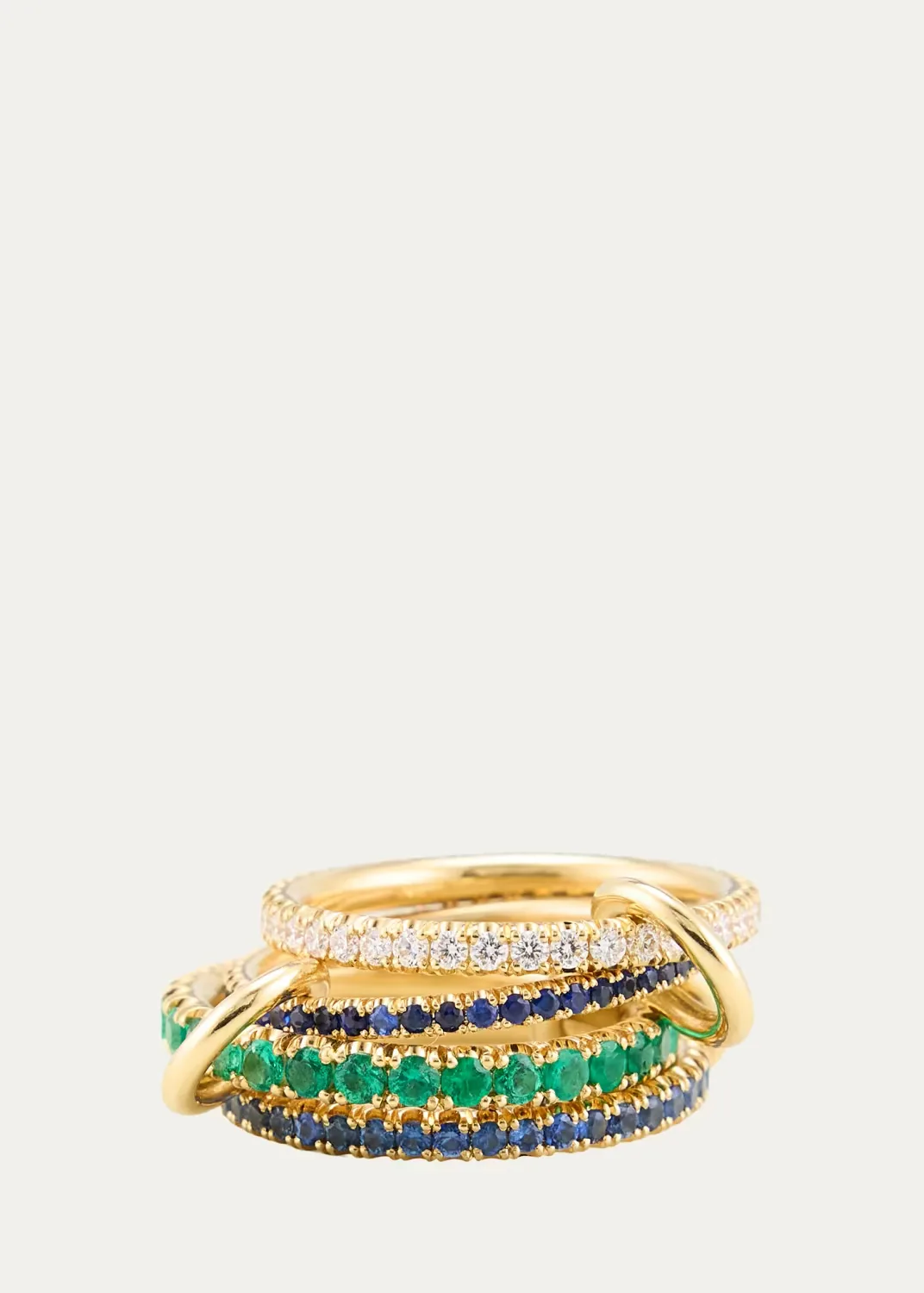 18K Custom 4-Band Ring with Diamonds, Emeralds, and Sapphires by Spinelli Kilcollin