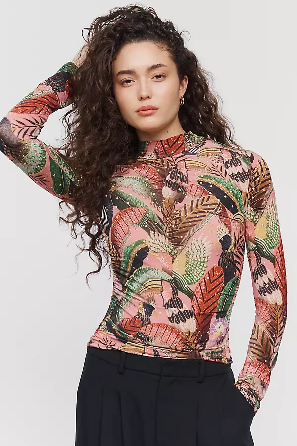 Farm Rio Artisanal Birds Mock Neck Top by Anthropologie