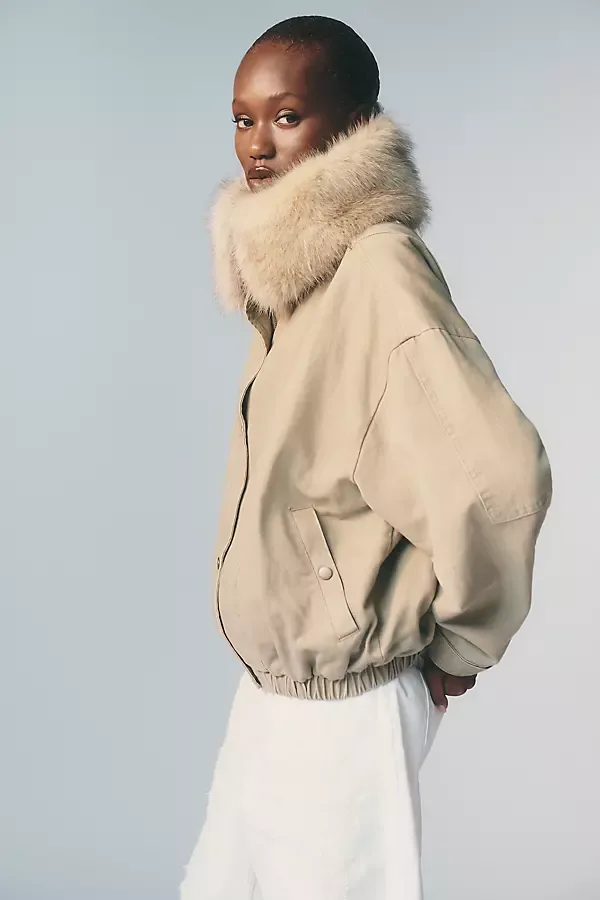 Faux Fur Lined Denim Bomber Jacket by Pilcro