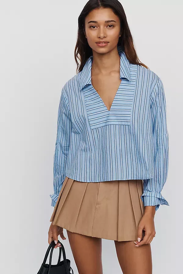 Cotton Poplin Blend Cropped Henley Top by Maeve