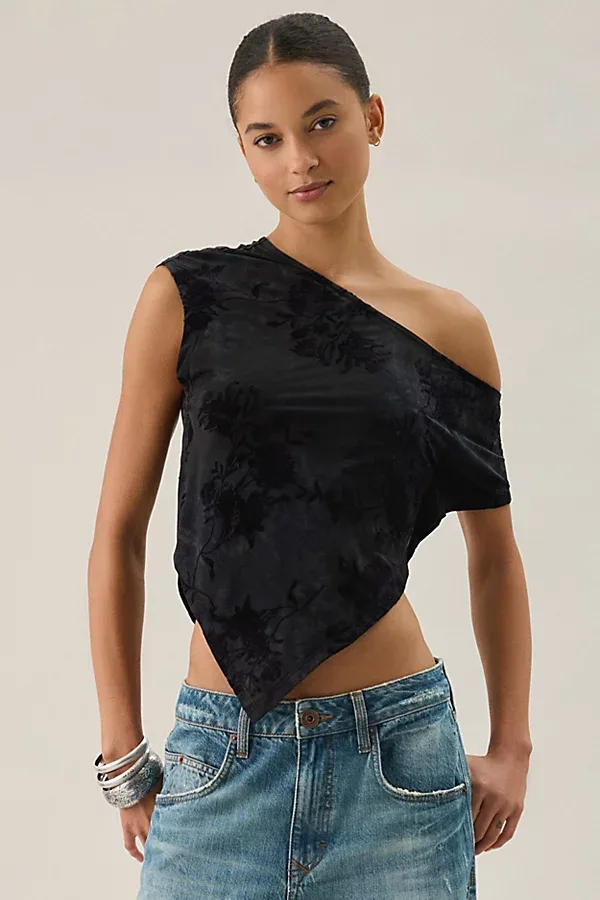 UO Bia Floral Flocked Asymmetric Off-The-Shoulder Poncho Top by Urban Outfitters