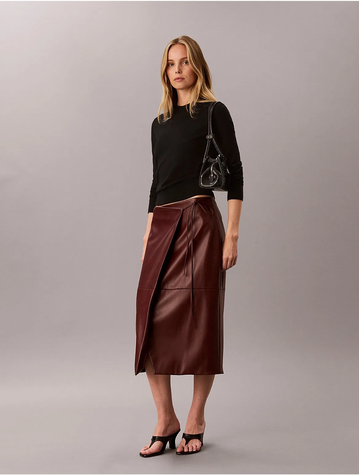 Faux Leather Midi Wrap Skirt by Calvin Klein