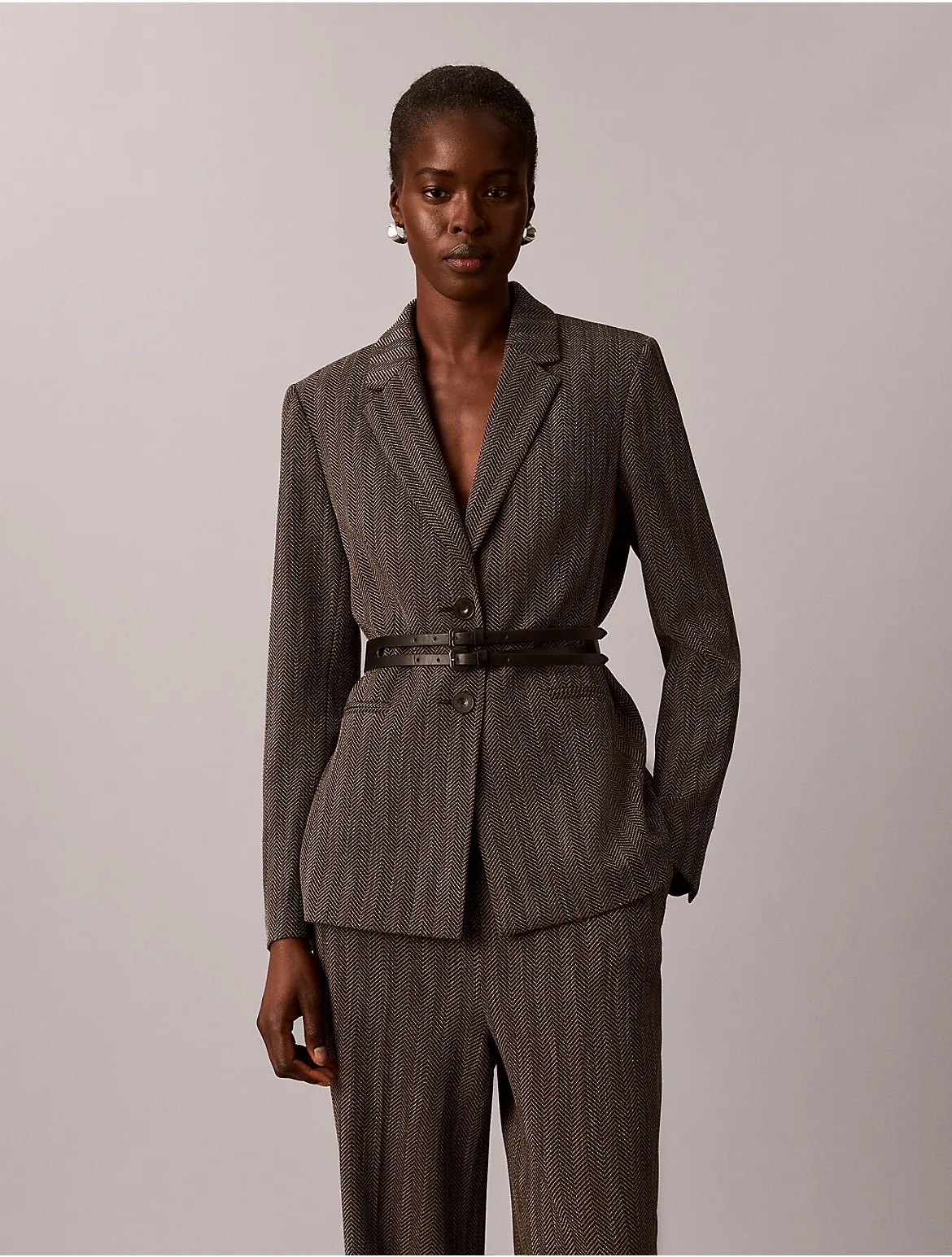 Herringbone Two-Button Belted Jacket by Calvin Klein