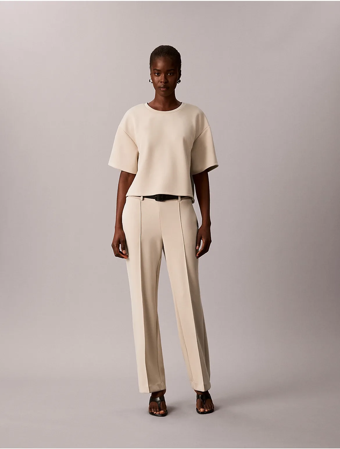 Soft Pintuck Pull-On Belted Trousers by Calvin Klein