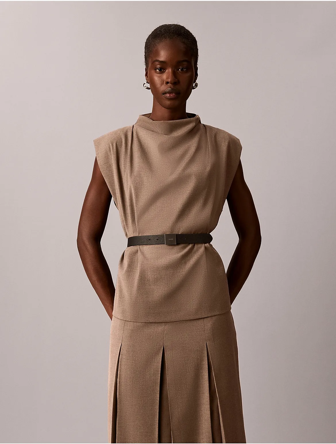 Stretch Drape Neck Belted Shell by Calvin Klein