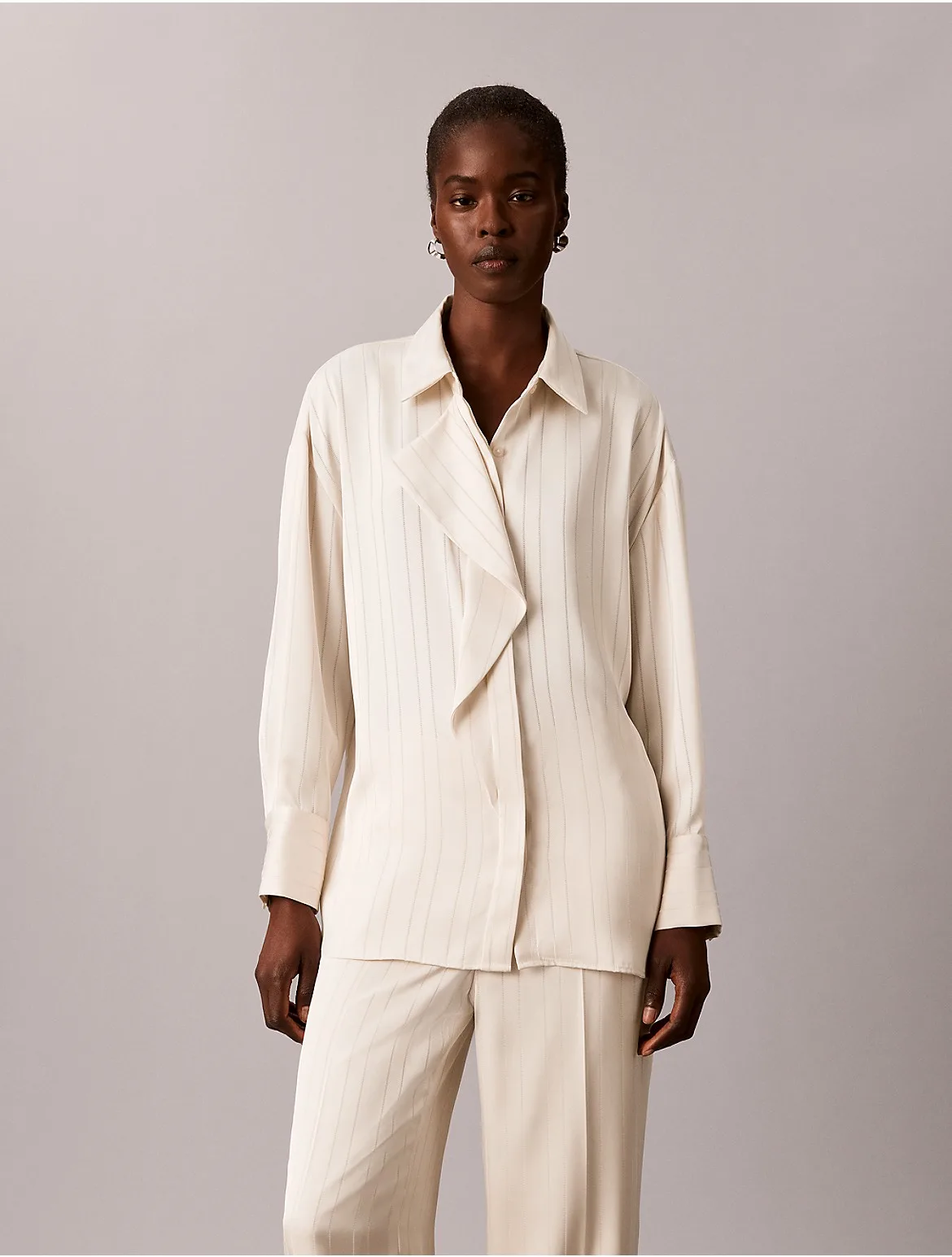 Satin Stripe Drape Neck Shirt by Calvin Klein