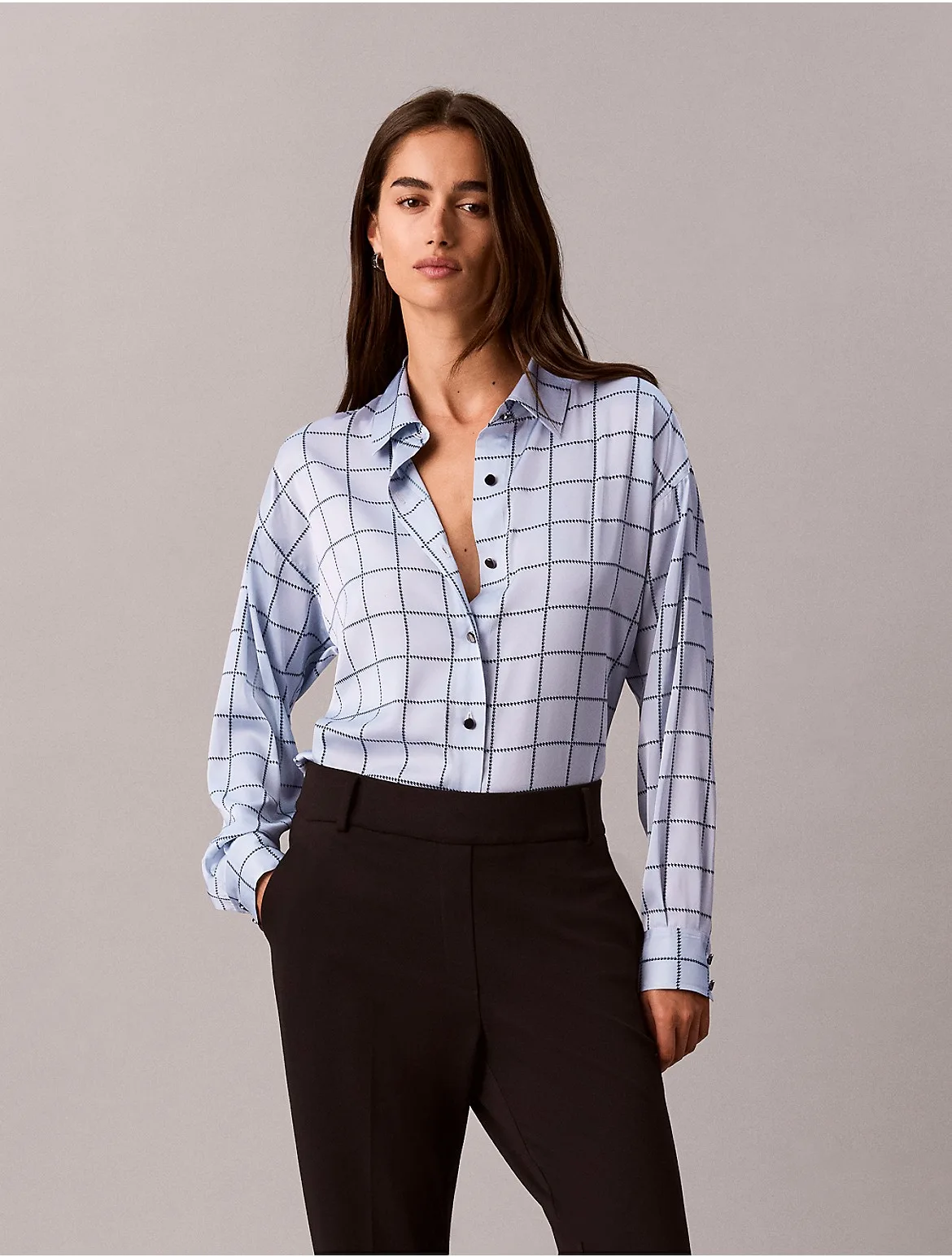 Satin Windowpane Button-Down Shirt by Calvin Klein