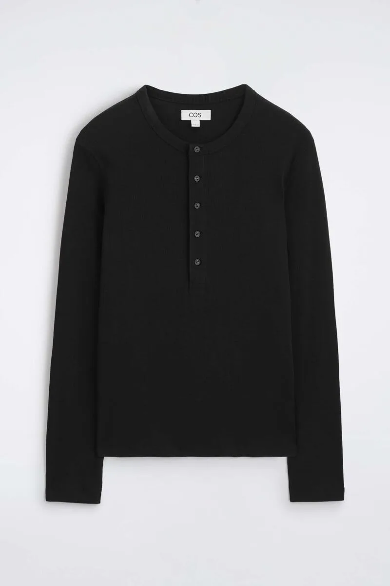 Slim Ribbed Cotton Long-Sleeved Henley T-Shirt by COS