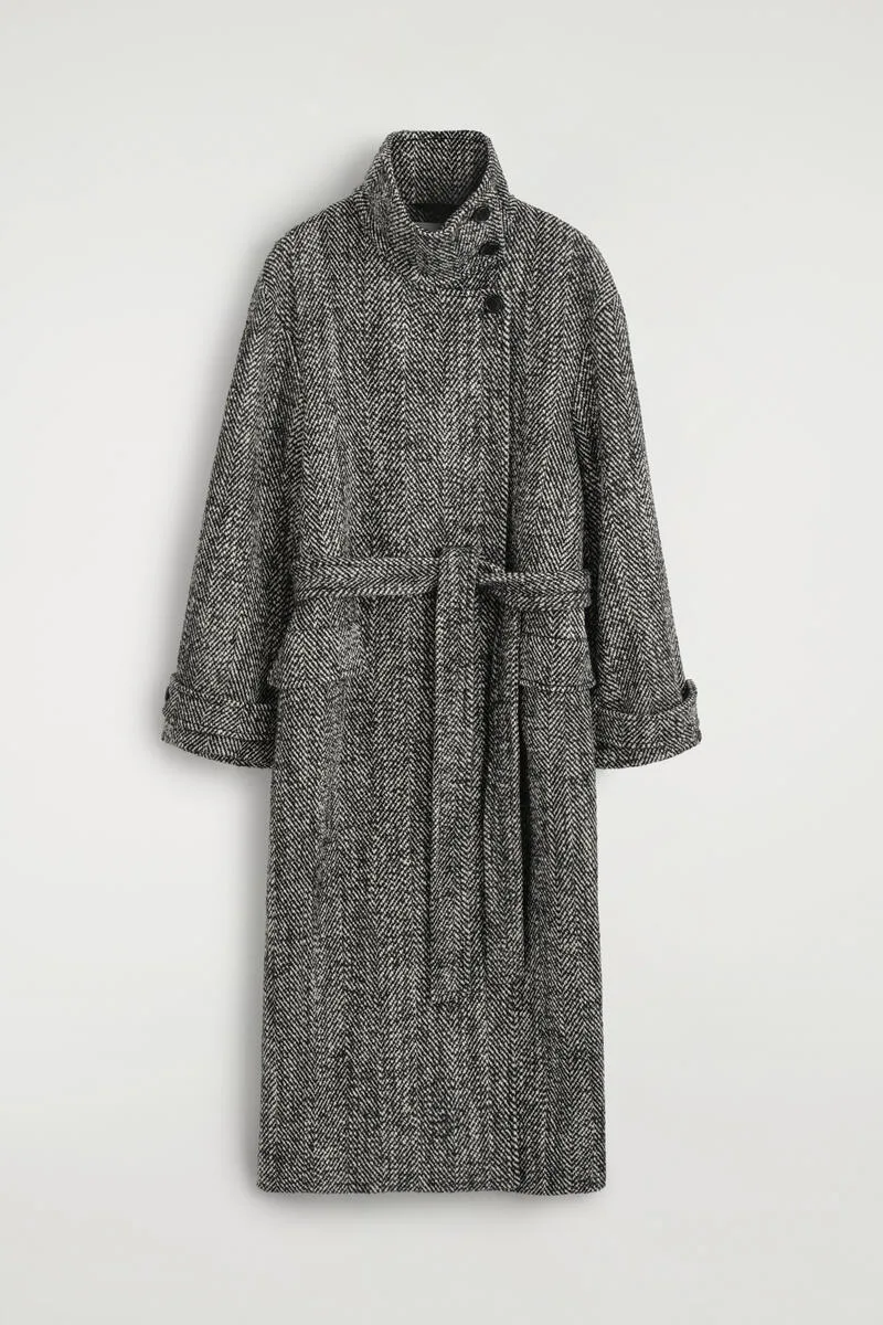 Belted Herringbone Wool Mock-Neck Coat by COS