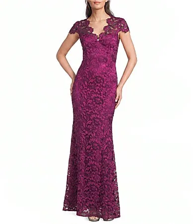Illusion Lace Neck Cap Sleeve V-Neck Mermaid Gown by Eliza J
