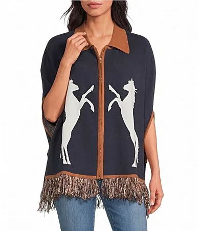 Horse Printed Collared Open-Sleeve Fringe Hem Poncho Sweater by Sugarlips
