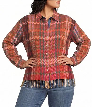 Woven Chevron Pattern Point Collar Long Sleeve Fringe Hem Button Front Jacket by John Mark
