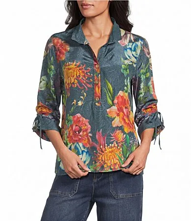 Woven Denim Multi Floral Texture Print Wire Collar 34 Cinched Sleeve Top by John Mark