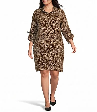 Woven Animal Print Wire Collar 34 Cinched Sleeve Knee Length Shirt Dress by John Mark