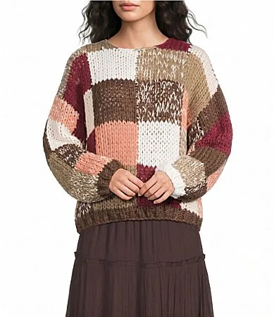 Hand Ribbed Knit Patchwork Round Collar Long Sleeve Sweater by Apricot London