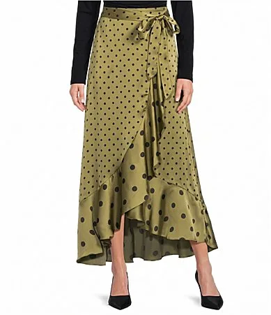 Lunear Polka Dot High Rise Asymmetric Faux Wrap Satin Midi Skirt by Sugarlips