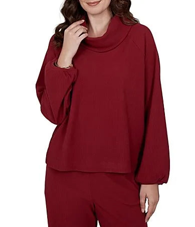Coordinating Premium Ribbed Knit Cowl Neck Long Bubble Sleeve Top by Ruby Rd