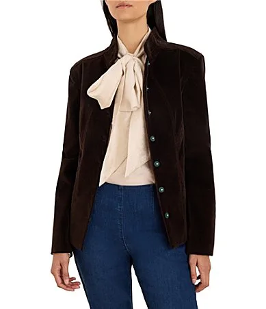 Stretch Velvet Stand Collar Long Sleeve Snap-Front Riding Jacket by NIC + ZOE