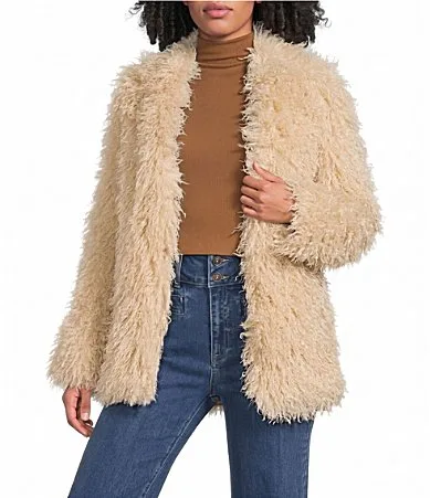 Faux Fur V-Neck Long Sleeve Coat by A Loves a