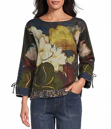 Woven Jacquard Floral Print Round Neck 3/4 Sleeve Blouse by John Mark