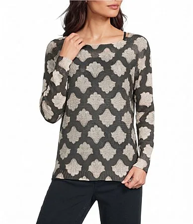 Knit Floral Print Boat Neck Long Sleeves Pullover Sweater Top by M Made in Italy