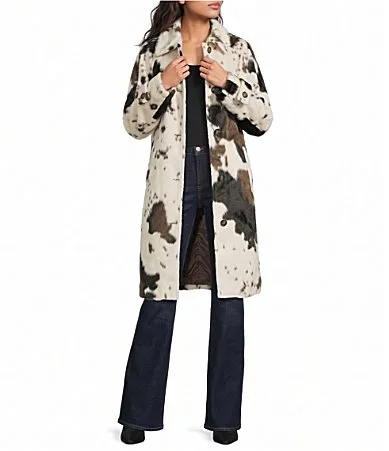 Faux Fur Cow Print Stand Collar Button Front Car Coat by Bernardo
