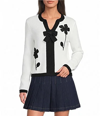Esmeralda Cotton-Blend Fancy Fleur Applique Split V-Neck Long Sleeve Sweater by Lilly Pulitzer