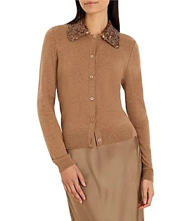 Embellished Sequin Detachable Collar Long Sleeve Button-Front Cardigan by NIC + ZOE