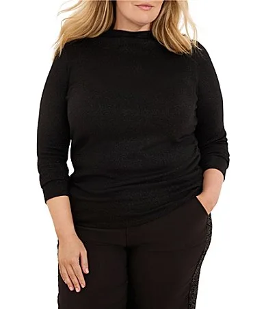 Everyday Sparkle Funnel Neck Long Sleeve Ruched Knit Tee Top