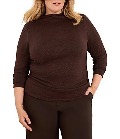Everyday Sparkle Funnel Neck Long Sleeve Ruched Knit Tee Top