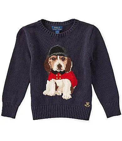 Long Sleeve Dog Intarsia Crew Neck Sweater by Polo Ralph Lauren