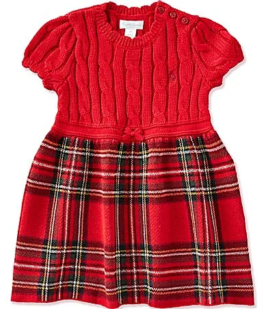 Puff Sleeve Solid Plaid Cable Sweater Dress by Ralph Lauren