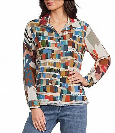 Multi Color Abstract Wire Collar Long Roll-Tab Sleeve Button Front Shirt by John Mark