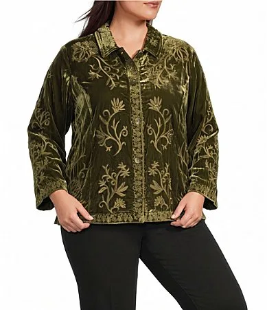 Velvet Embroidered Convertible Collar Long Sleeve Button Front Shirt by John Mark