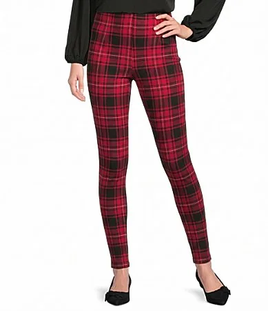 The Slim Factor Fit Ponte Knit Lipstick Red Plaid Print No Waist Leggings by Investments