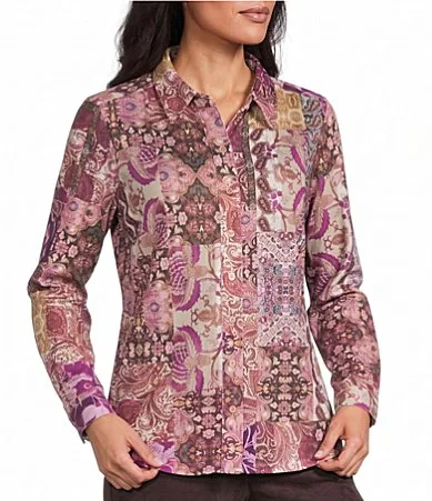 Patchwork Long Sleeve Point Collar Button Front Top by Allison Daley