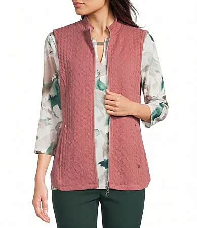 Cable Quilt Knit Sleeveless Two-Way Zip Front Vest by Allison Daley