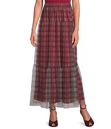 Isola Plaid Printed High Rise Tiered Mesh Maxi Skirt by Sugarlips