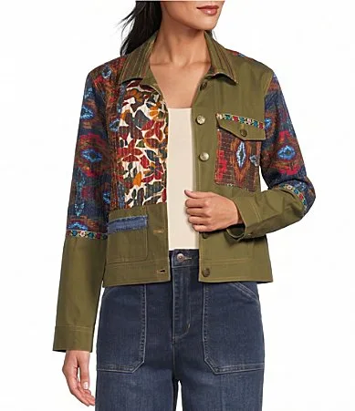 Woven Embroidered Patchwork Floral Lining Point Collar Long Sleeve Button Front Jacket by John Mark