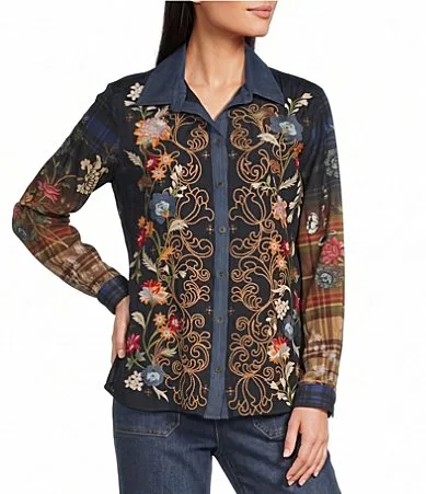 Woven Floral Embroidered Point Collar Long Sleeve Button Front Shirt by John Mark